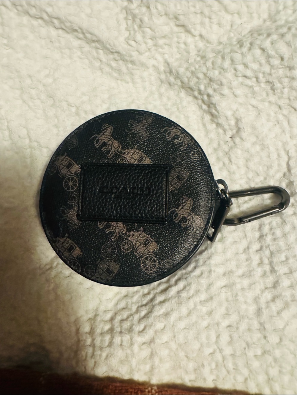 Coach Black Signature Round Leather Coin Pouch with Carriage Print